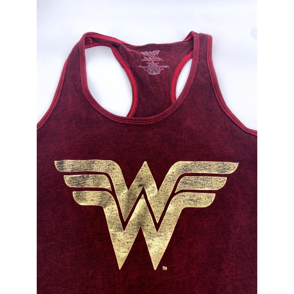 Wonder Woman Women's‎ Small Burgundy Acid Wash Gold Logo Racerback Tank Top DC